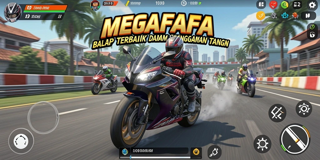 Tampilan gameplay seru dalam MEGAFAFA dengan balapan motor yang mendebarkan.