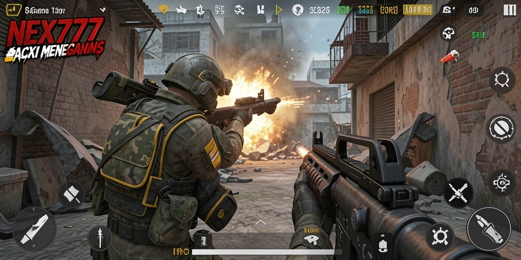 Screenshot utama NEX777 menampilkan aksi pertempuran seru dalam gameplay TPS.
