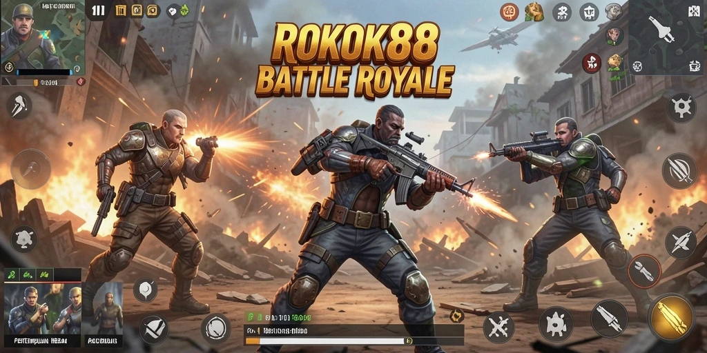 Screenshot utama ROKOK88 menampilkan aksi pertarungan Battle Royale yang mendebarkan.