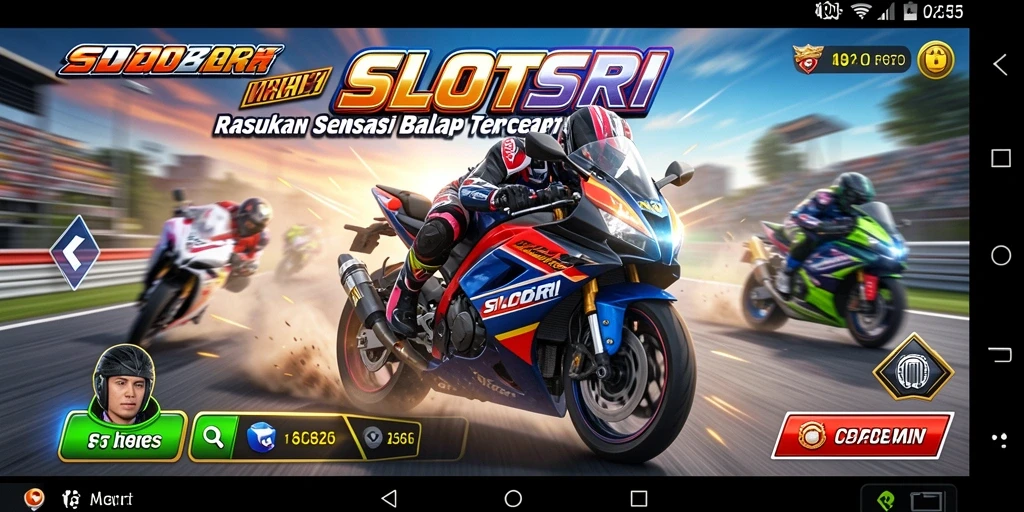 Screenshot gameplay SLOTSRI menunjukkan balapan motor yang mendebarkan.