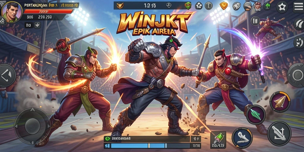 Tangkapan layar gameplay WINJKT menunjukkan aksi pertarungan yang mendebarkan dan grafis yang indah.